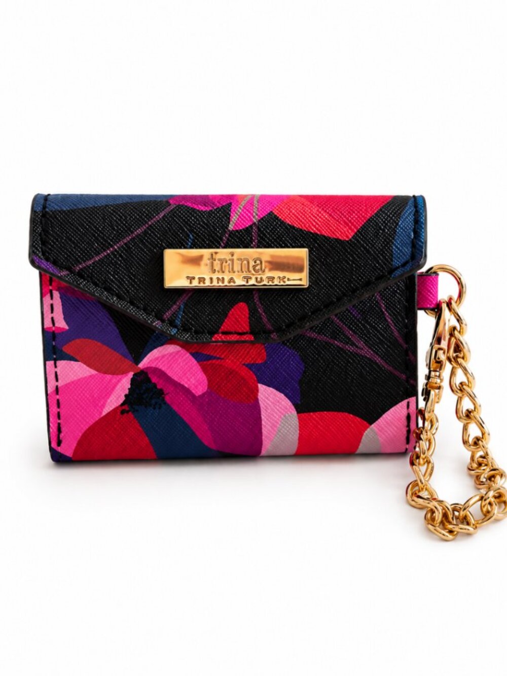 Trina Turk Pink Black Floral Bloom Coin Purse Keychain Wallet Gold Hardware